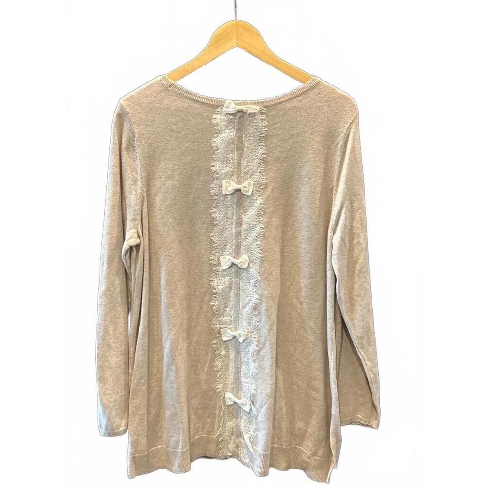 Elle Womens Sweater Sz XL Light Grey Beige Scallop Neckline Lace Cottagecore